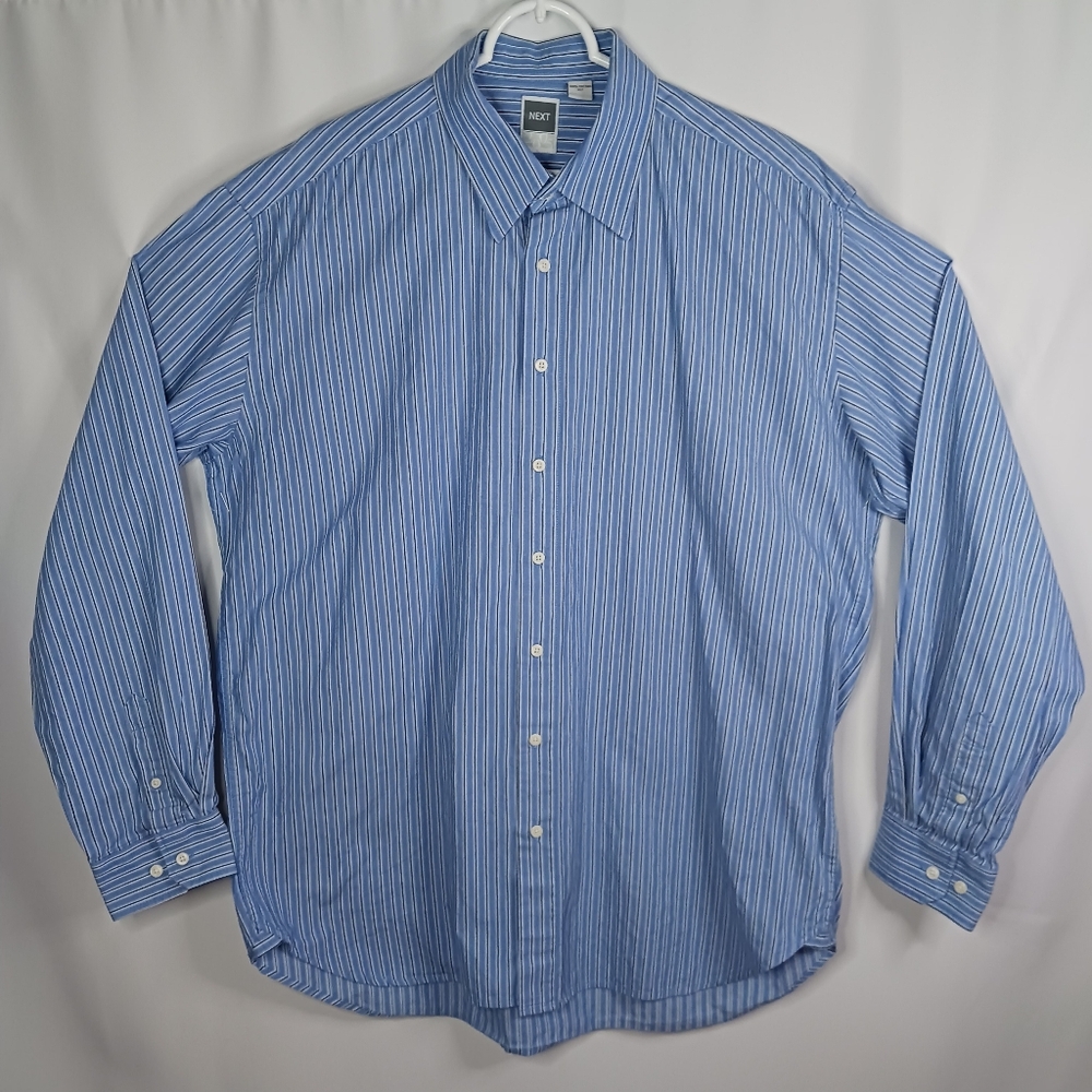 Next Blue, Navy & White Striped Long Sleeve Button Up Dress Shirt.